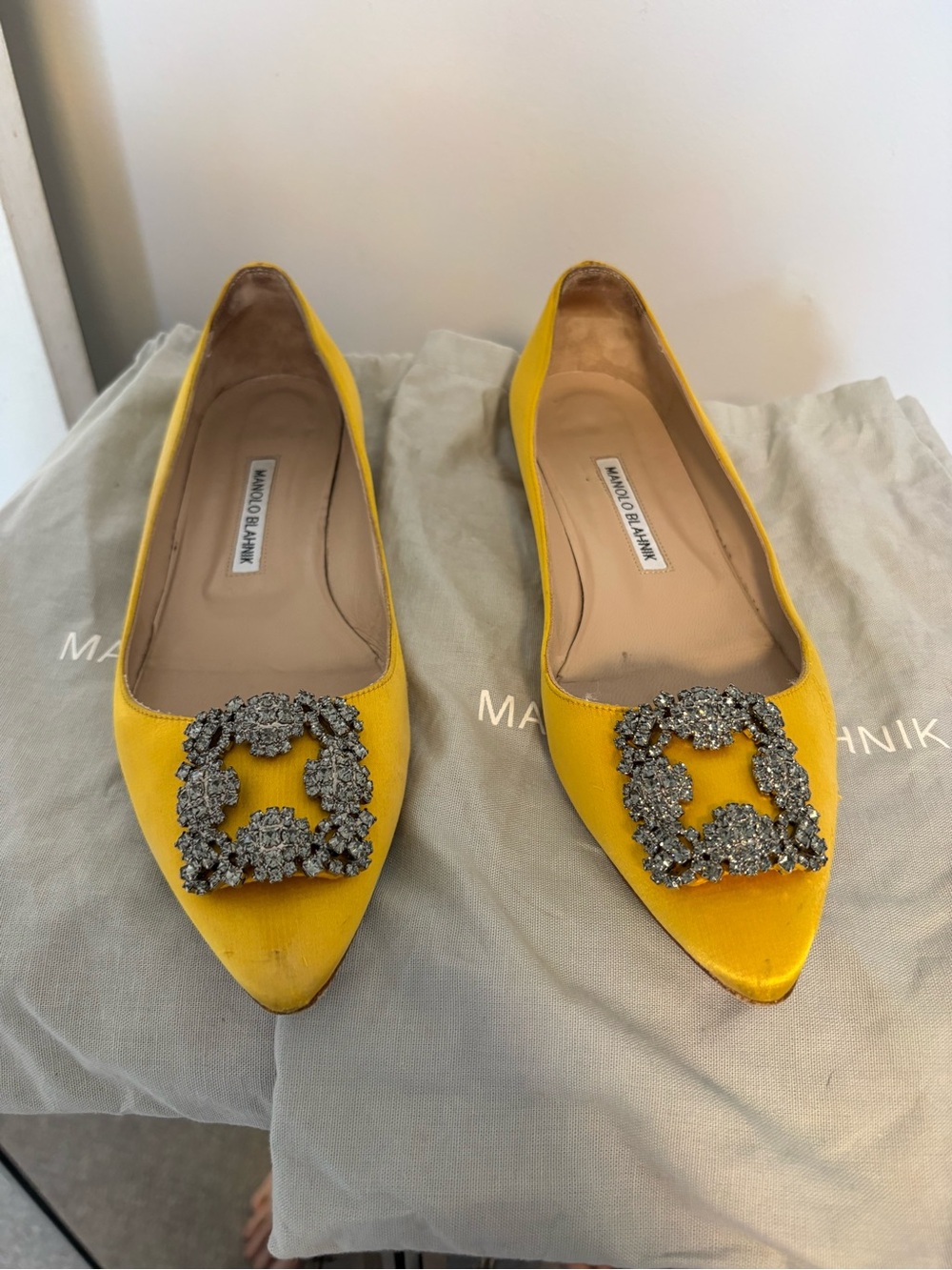 Manolo Blahnik Yellow Crystal-Embellished Pointed Flats